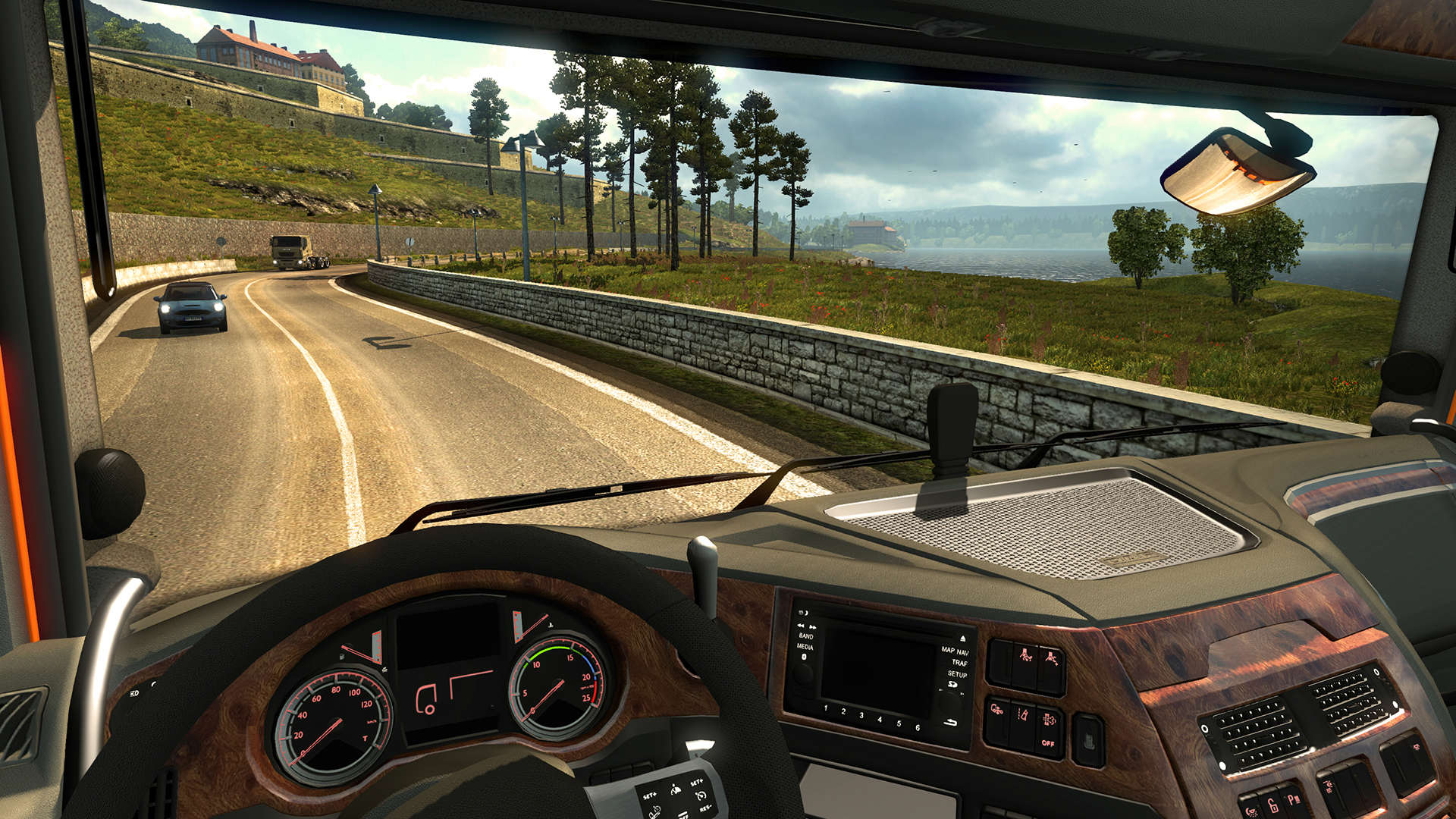 Best simulation games: Euro Truck Simulator 2. Image shows the view inside a truck.