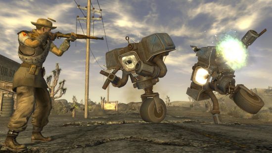Best single player games - Fallout New Vegas: The player character shooting at some robots with one wheel.