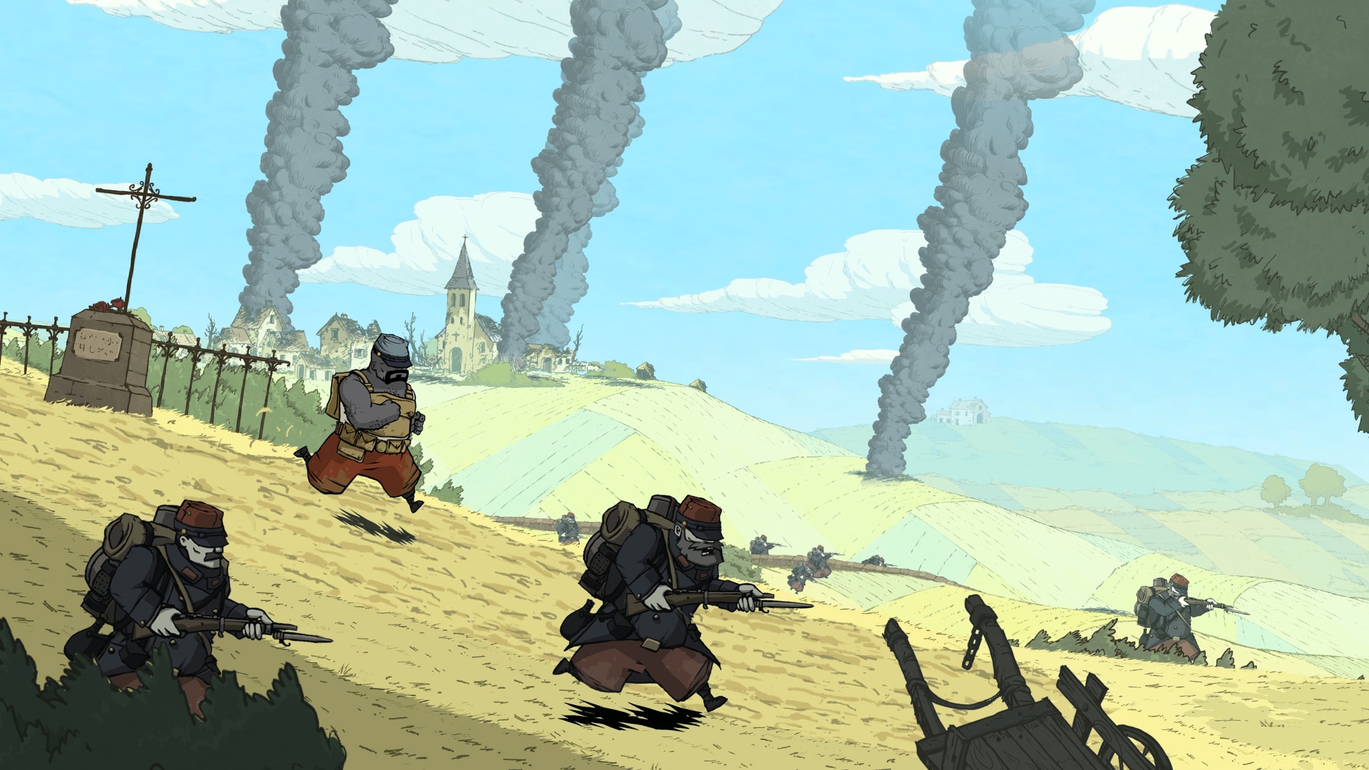 Best war games - Valiant Hearts. Image shows soldiers running down a hill with various fires in the background, and a flaming church.