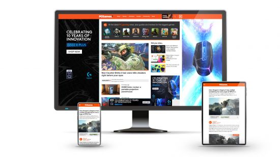 A monitor, phone, and tablet all showing pages from PCGamesN