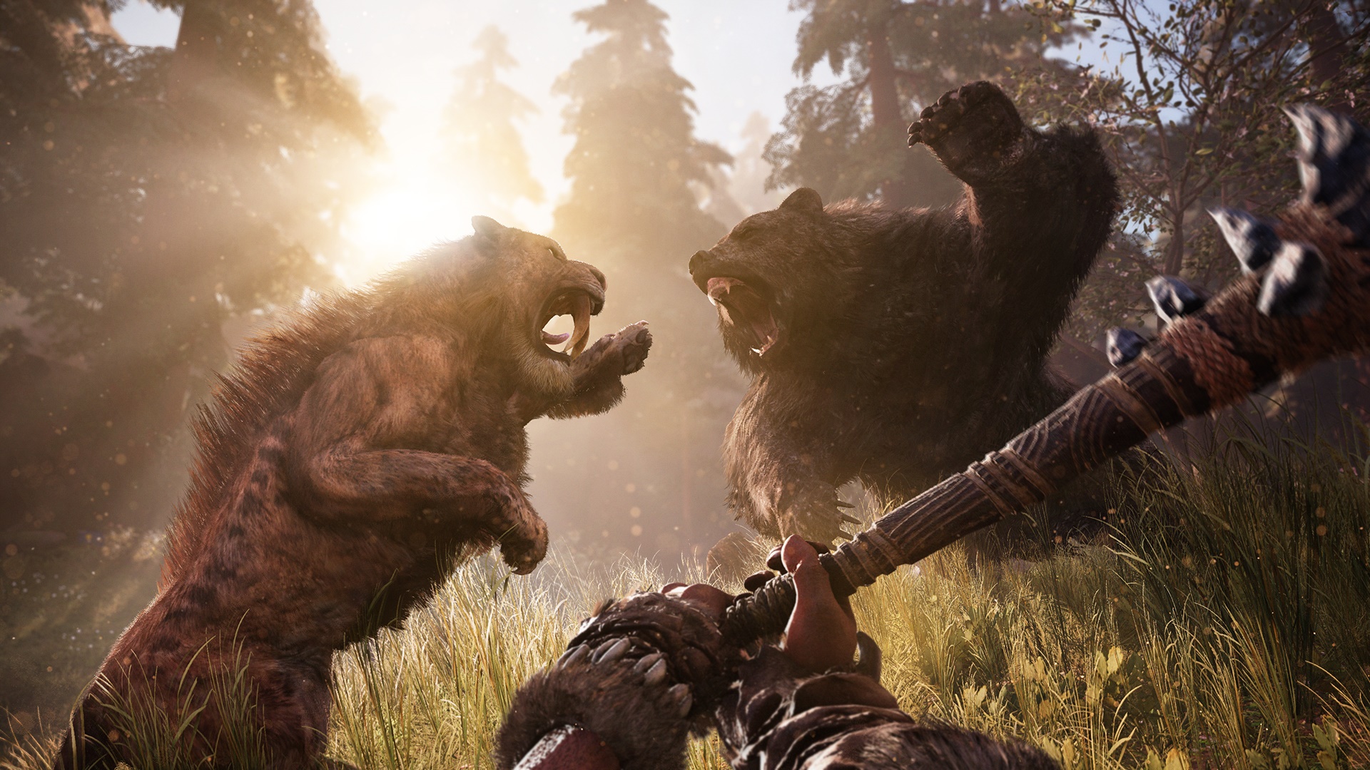 Ein Sabretooth -Tiger und ein Bärensprung in einem der besten Dinosaurierspiele, Far Cry: Primal Beasts