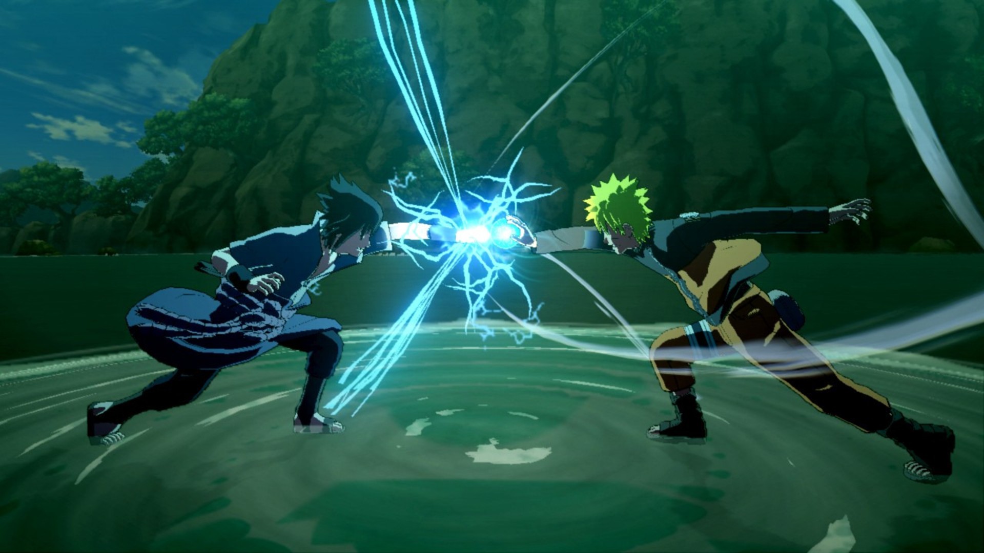  Ultimate Ninja Storm 3 Full Burst. Image shows two fighter whose fists have collided and generated electricity.