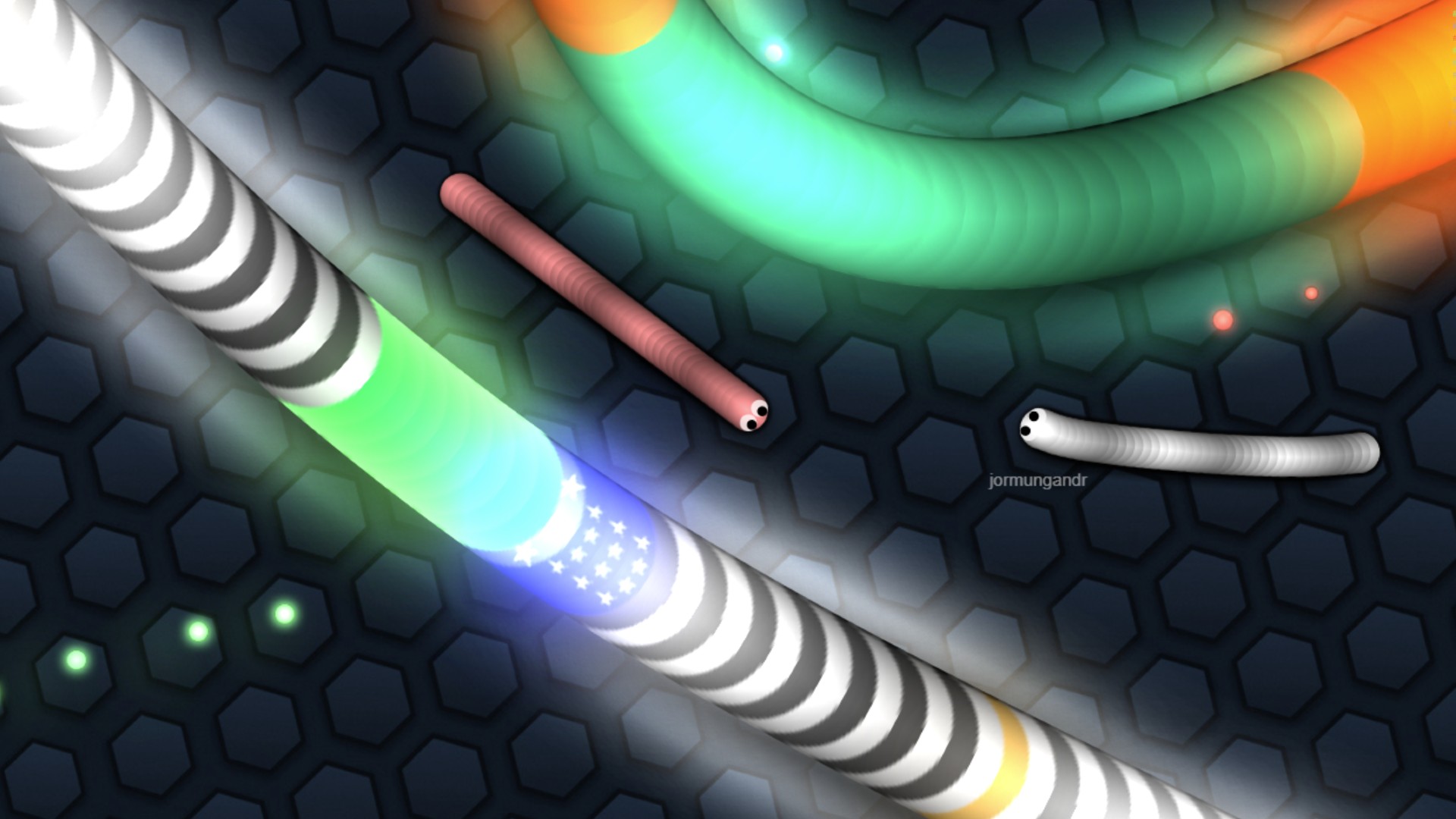Online games: Slither.io. Image shows lots of tubular creatures slithering around.