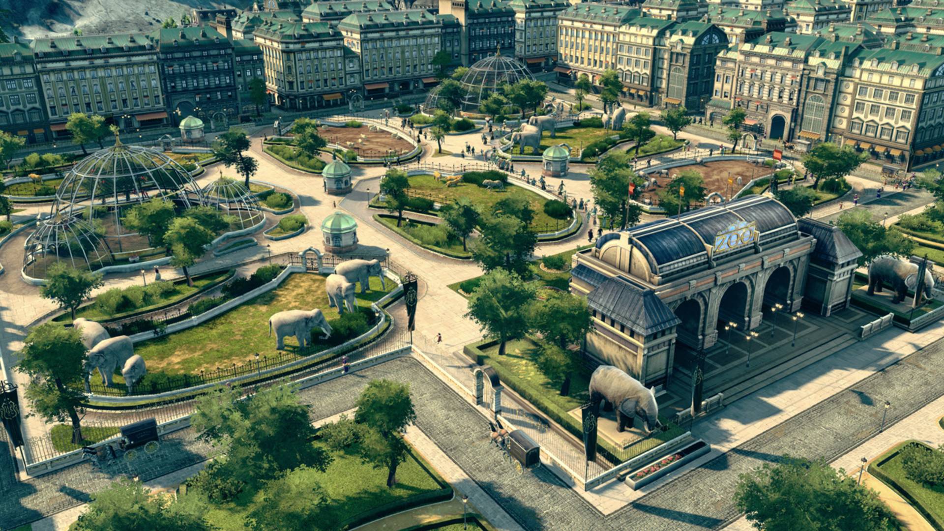 Melhores jogos de construção da cidade: Anno 1800. A imagem mostra um parque cheio de estátuas e esferas de vidro
