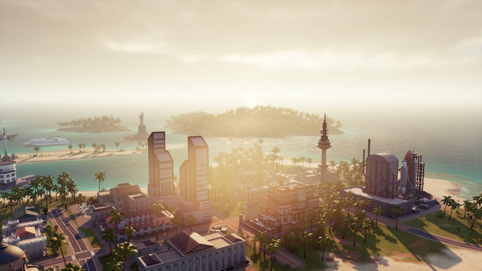 Melhores jogos de construção da cidade: Tropico 6. A imagem mostra um horizonte urbano ensolarado