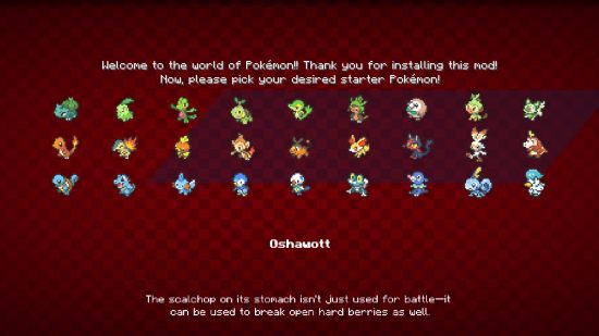 The starter selection screen to choose your Minecraft Pokemon in the Pixelmon Reforged mod.