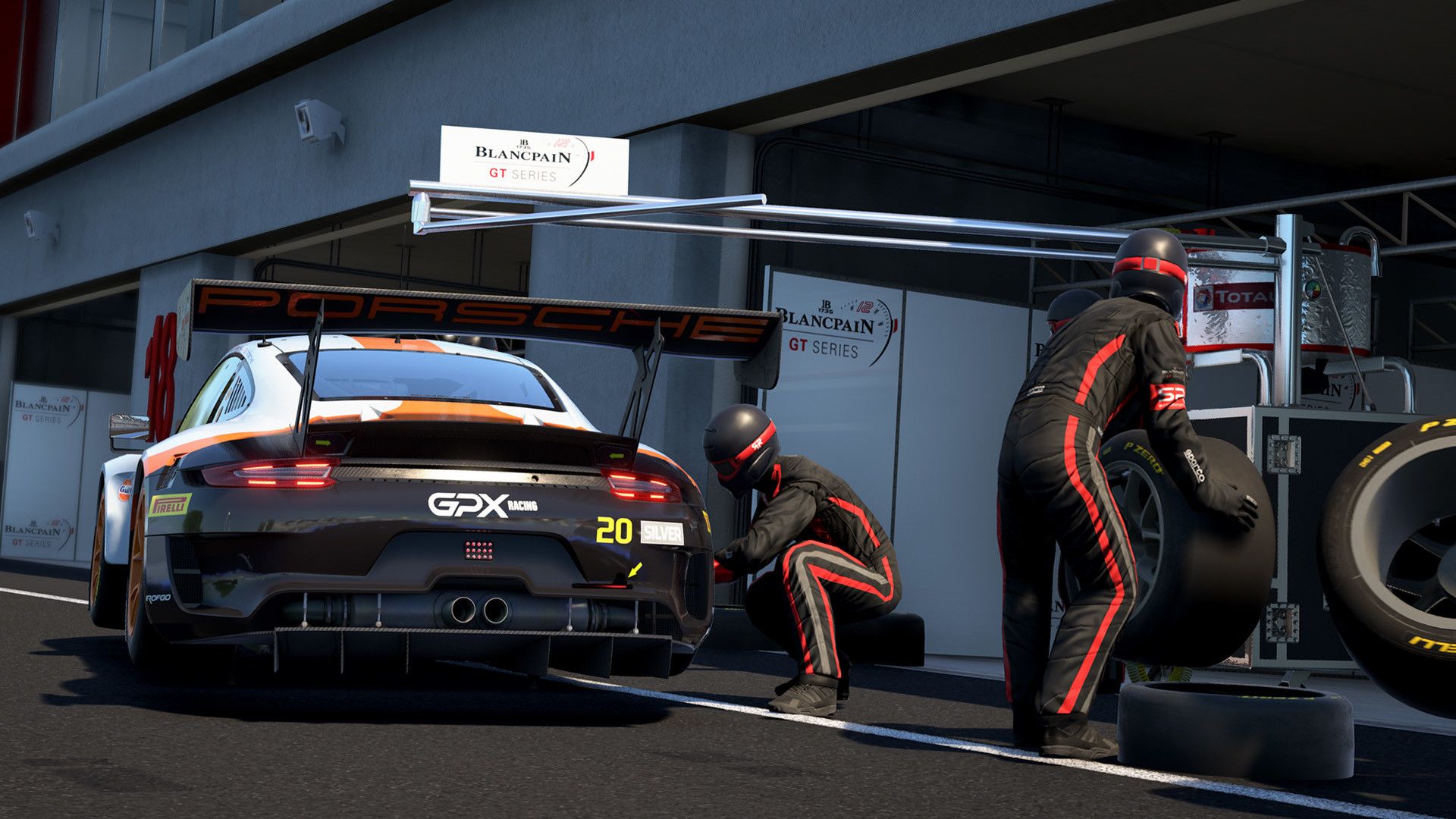 Best simulation games: Assetto Corsa Competizione. Image shows a car under maintenance.