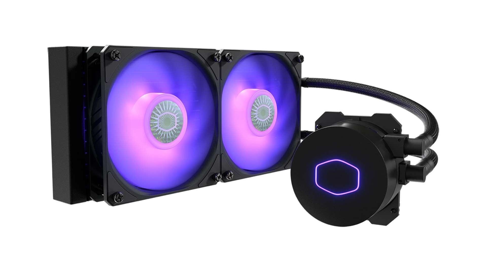 The Cooler Master MasterLiquid ML240L has purple lighting on the fans and the CM logo on the pump, against a white background