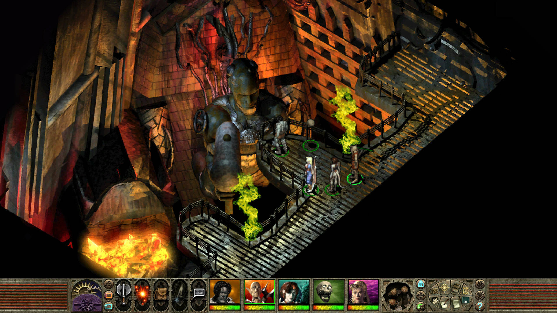 A scene from Planescape Torment, one of the best DnD games, where the party talks to a giant blacksmith.