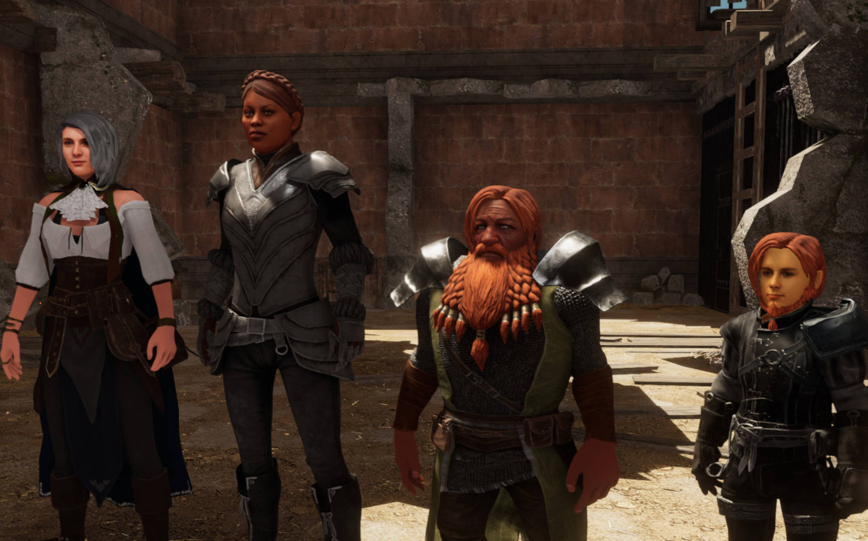 A band of four adventurers standing in a line in Solasta: Crown of the Magister.