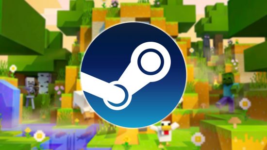 The Steam logo over a rendered backdrop of a Minecraft world.
