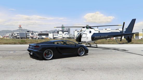 Best GTA 5 mods - a sportscar is parked next to a helicopter in an airfield.