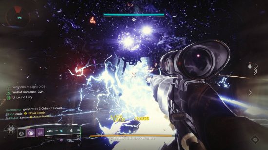 Destiny 2 Beyond Light raid: chaotic fight, lighting effects and a soldier firing a sniper rifle.
