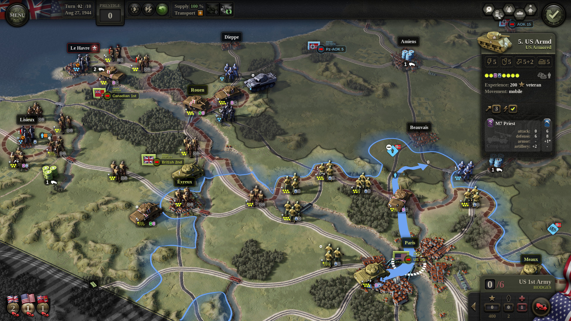 Melhores Jogos de Guerra: Unidade de Comando 2. A imagem mostra um mapa com várias rotas estratégicas e soldados dispostos nela