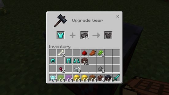 Minecraft Netherite - upgrading diamond armour into Netherite armour with the help of a smithing table and a Netherite ingot.