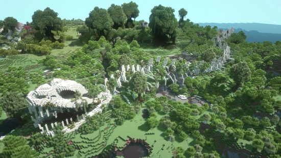 Minecraft ideas: A large serpent skeleton lies across the ground, covered in overgrown foliage.