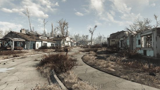 Best Fallout 4 mods: A dilapidated town in Fallout 4 as seen through the decay filter