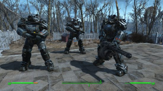 Best Fallout 4 mods: Three members of the Brotherhood of Steel suited and booted for combat, with two holding shotguns and one wielding a minigun