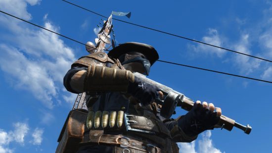 Best Fallout 4 mods: A close-up shot of a Minuteman standing guard with a machine gun and covering their face with a bandana