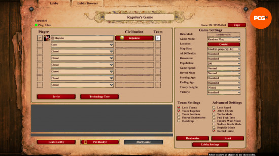 Age of Empires 2 cheats: a host's view of the lobby, with the option to Allow Cheats checked