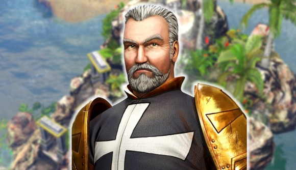 AoE3 cheats: Alain from Age of Empires 3 on a backdrop of a beautiful island location.