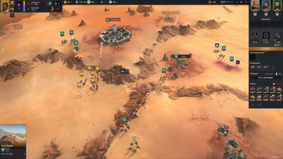 Best strategy games: armies in green are defending their base against troops in yellow in a desert location. There are no sandworms in this desert, but they're probably coming.