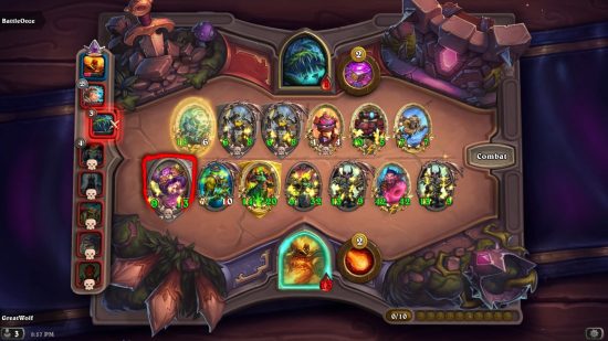 Best auto battlers: A typical match in Hearthstone Battleground, where card portraits are laid lengthways across a board.