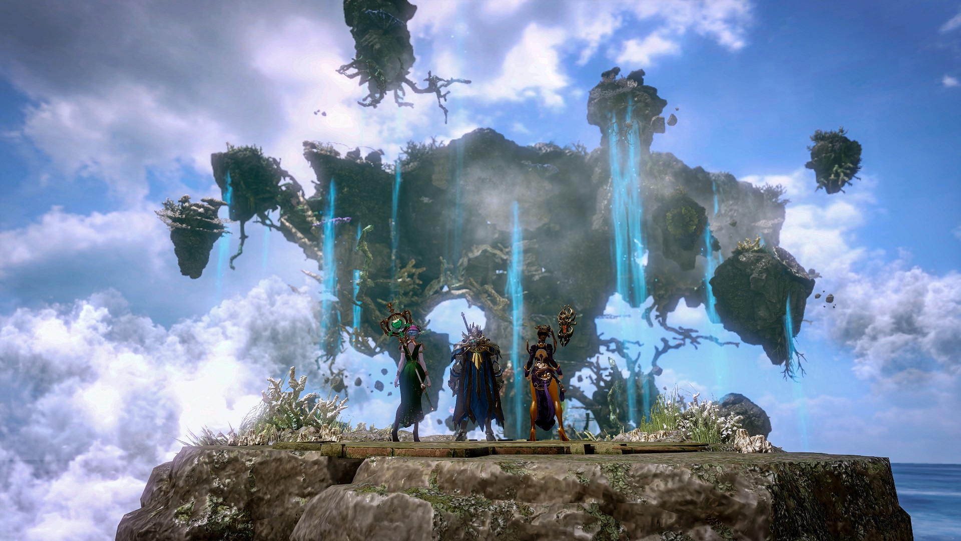 The best MMORs: Lost Ark. Image shows characters on a floating island looking up at other floating islands.