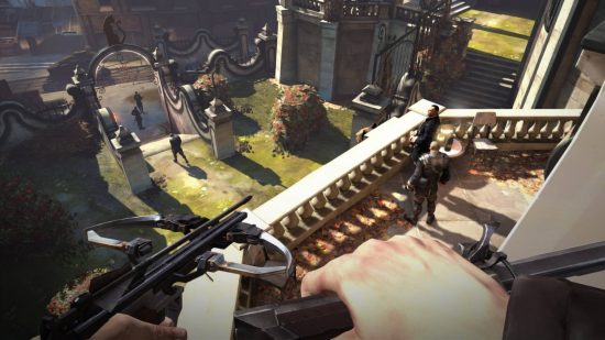 Best stealth games - first person perspective of an assassin training his crossbow on some guards from a balcony.