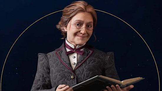 Hogwarts Legacy characters - a mugshot of Professor Weasley holding an open book.