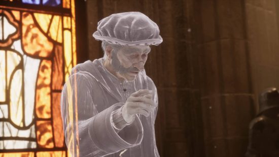 Hogwarts Legacy characters - Professor Binns is a ghost who is teaching his class near a stained glass window.