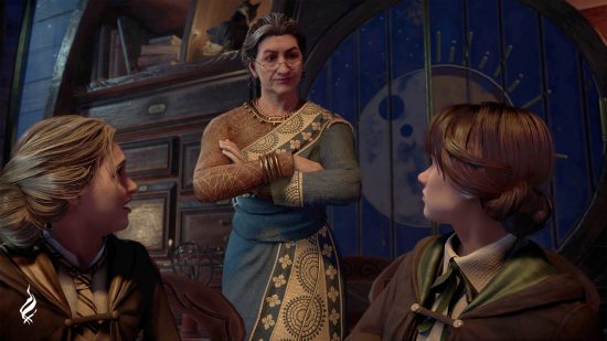 Hogwarts Legacy characters - Professor Shah is standing over two students with her arms crossed.