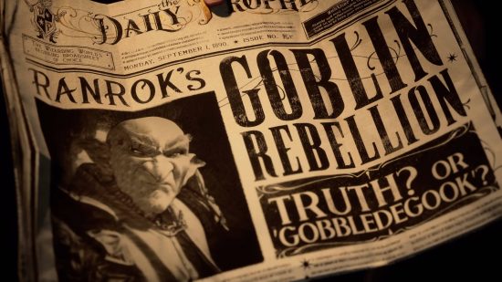 Hogwarts Legacy characters - Ranrok's photograph in an issue of the Daily Prophet. The headline reads 'Ranrok's goblin rebellion. Truth? 'Gobbledegook'?"
