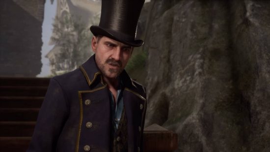 Hogwarts Legacy characters - Victor Rookwood is wearing a top hat and a purple coat.