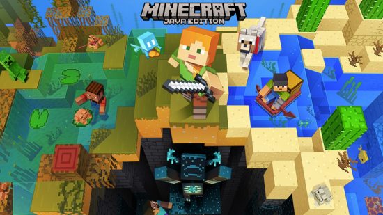 Minecraft Java and Bedrock edition: The Java Edition launch image, featuring Alex, Steve and other Minecraft characters exploring the Caves and Cliffs update, including the Warden, axolotls, and allays