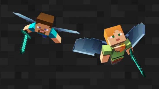 Minecraft Java and Bedrock multiplayer: Alex and Steve fly together using elytra
