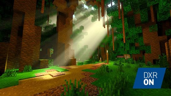 Minecraft bedrock rtx: Beams of light shine through the trees in a Minecraft jungle with DXR ray-tracing enabled
