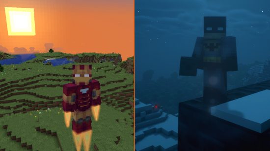 Coole Minecraft-Skins: Ein Batman-Skin bei Nacht auf der rechten Seite und ein fliegender Iron Man auf der linken Seite