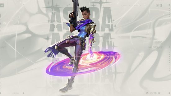 Personajes de valoras: Astra se para, inclinándose hacia atrás, sosteniendo su arma y apuntándola al cielo, y el anillo de púrpura la rodea