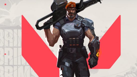 Personajes de valoras: Brimstone de pie en una pose amenazante, sosteniendo una gran pistola sobre sus hombros