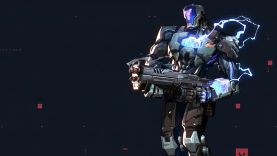 Caracteres de valoras: Kay-O, un agente metálico y robot, se mantiene de alto, sosteniendo una gran pistola, mientras la electricidad se quita el hombro