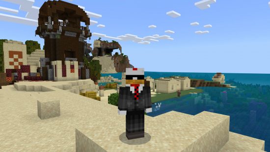 Best Minecraft seeds: a chicken in a suit standing outside an Illager tower on a beach.