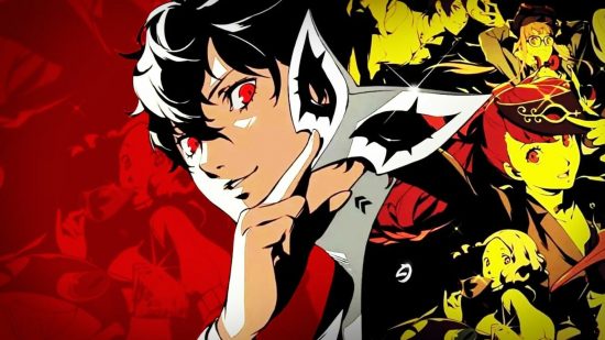  The Phantom Thief that serves as the protagonist for Persona 5 Royal holding his iconic mask, while a collage of the fellow students and thieves is arranged to behind him.