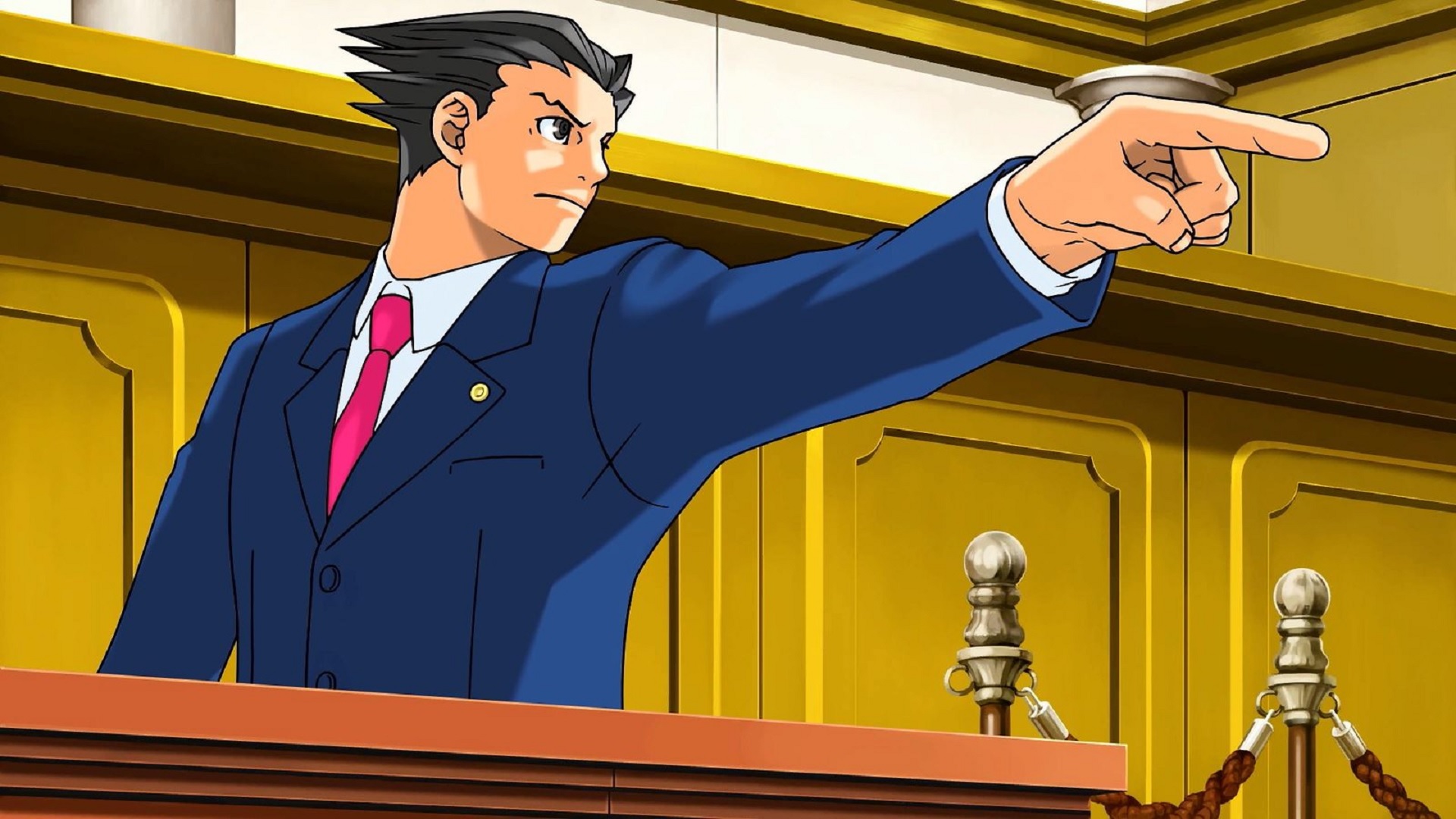  Ace Attorney trilogy. Image shows Phoenix himself pointing across the courtroom.