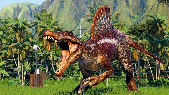 Beste Dinosaurierspiele für PC: Ein Spinosaurus in der Jurassic World Evolution 2 brütet