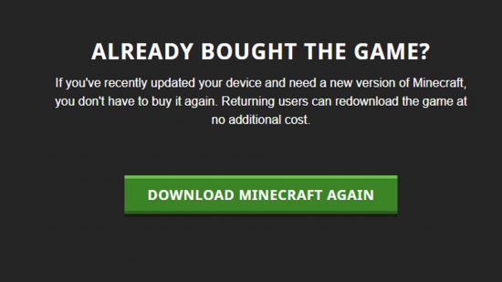 how to download Minecraft: A black screen reads "Already bought the game? Download Minecraft again".
