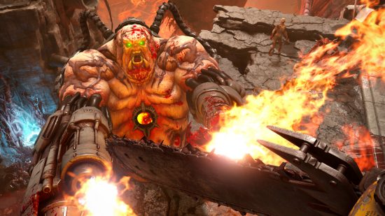 15 migliori tiratori in prima persona per PC: un demone arrabbiato che spara lanciafiamme su ogni braccio in Doom eterno