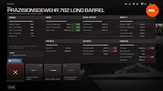 Kar98k loadout: a screen showing various the various stats of a rifle, including bullet velocity and aim down sight speed.