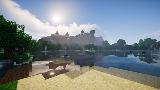 Best Minecraft shaders: the Chocopic shader showing a lakefront where the water is crystal clear.