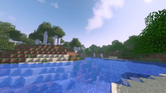 Best Minecraft shaders: The Kuda shader gives the sky a softer look and the river a deep blue hue.